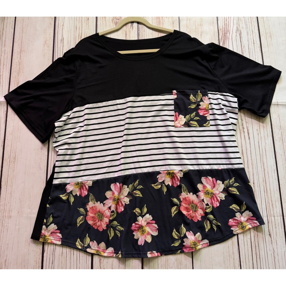 Womens 5X Floral Striped Colorblock Pocket T-Shirt Black Pink Plus Size